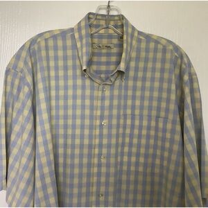 Peter Millar Plaid Short Sleeve Button Shirt 100% Cotton Blue Yellow